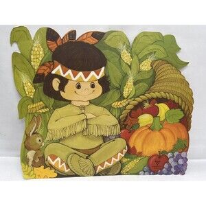 Vintage Thanksgiving Cardboard Die Cut Outs Native American Boy Hard To Find